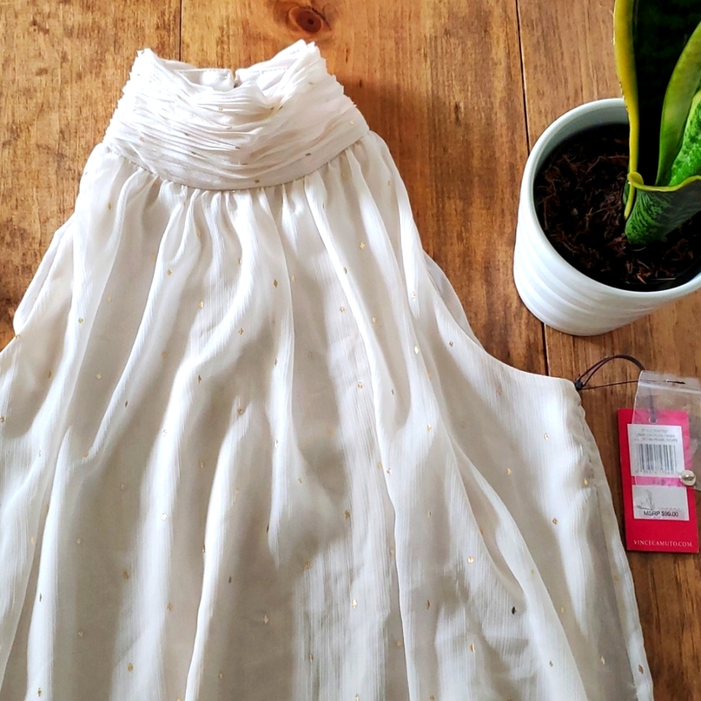 Vince Camuto Gilded Diamond Print Mock Neck Blouse In Pearl Ivory/Gold - Picture 3 of 7